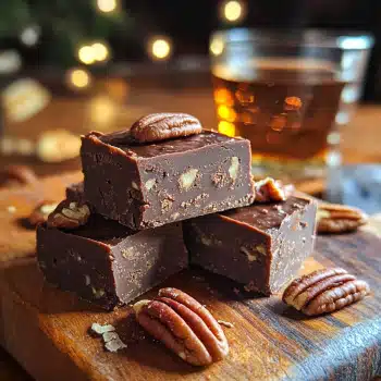Bourbon pecan fudge stacked on wooden board
