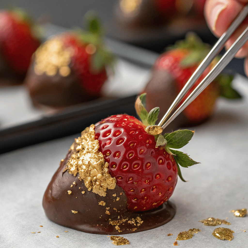 How To Make Mouthwatering Dubai Chocolate Covered Strawberries At Home 9 pping dubai strawberries with gold leaf