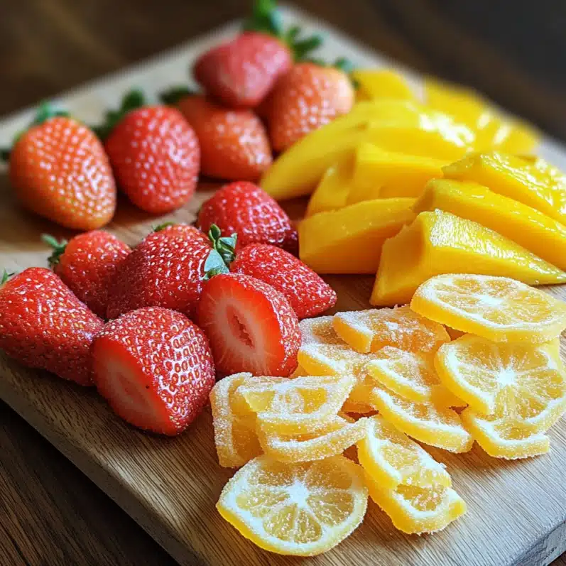 Assorted fresh fruit candy on cutting board